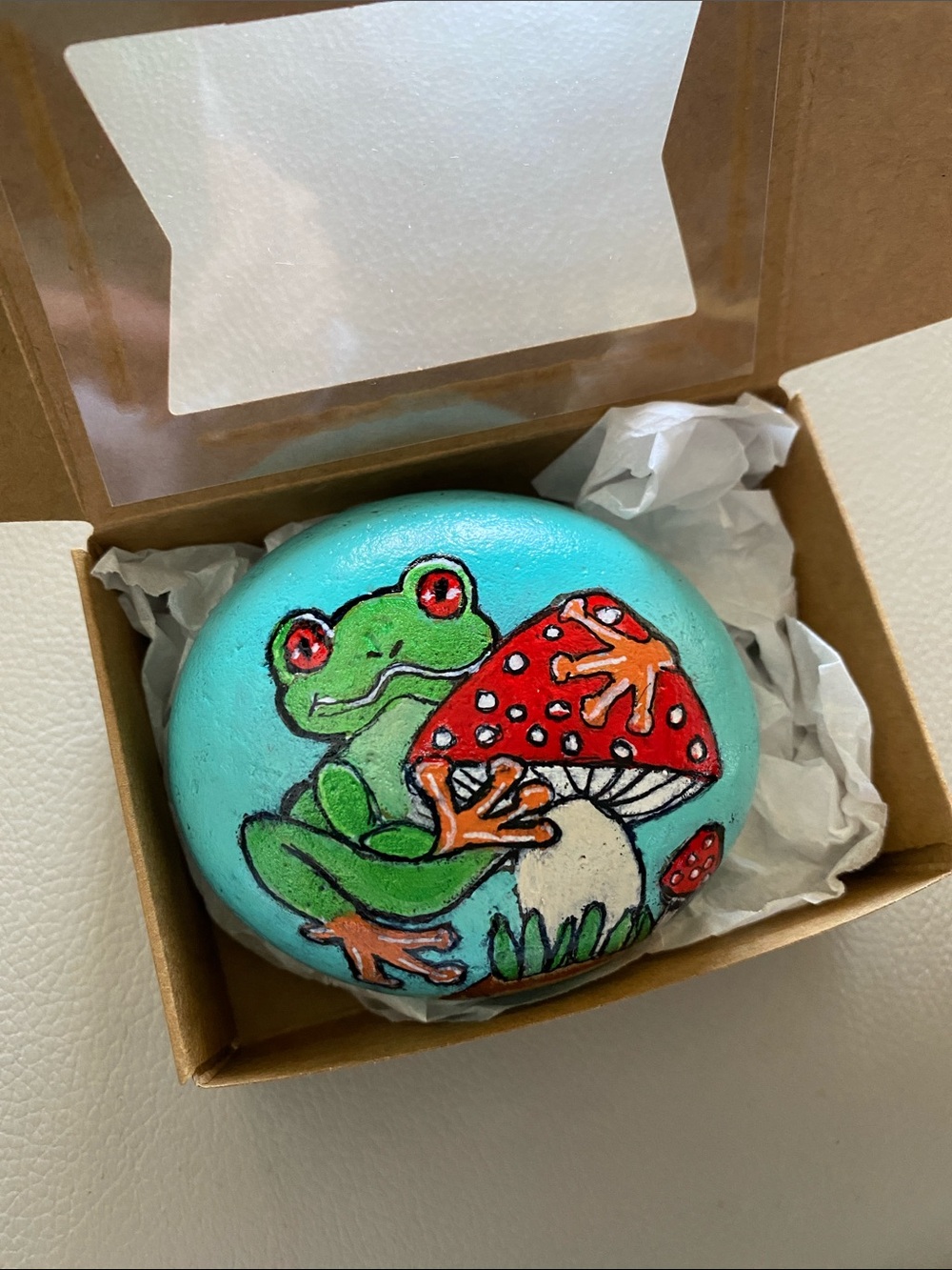 Rock Art Hand-Painted Tree Frog with Mushrooms on Natural Stone